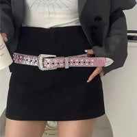 Y2K Women Fashion Solid Print Studded Full Rhinestone Belt PU Leather Bling Crystal Adjustable Glitter Waistband for Club Party