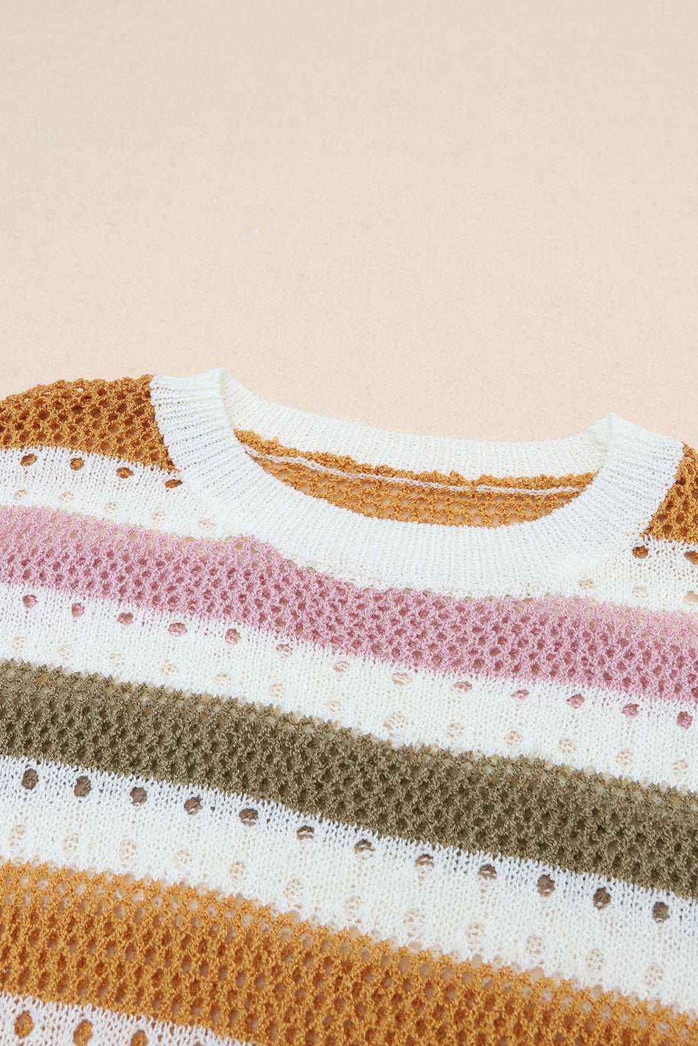 Tan Striped Hollowed Knitted Loose Sweater