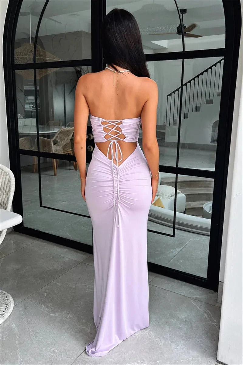 Mozision Strapless Backless Lace-up Maxi Dress For Women Summer New Off-shoulder Sleeveless Bodycon Club Party Long Dress