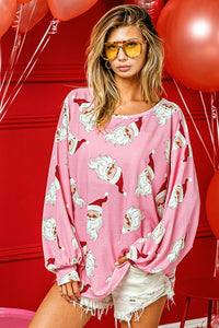 Pink Printed Christmas Santa Claus Lantern Sleeve Blouse