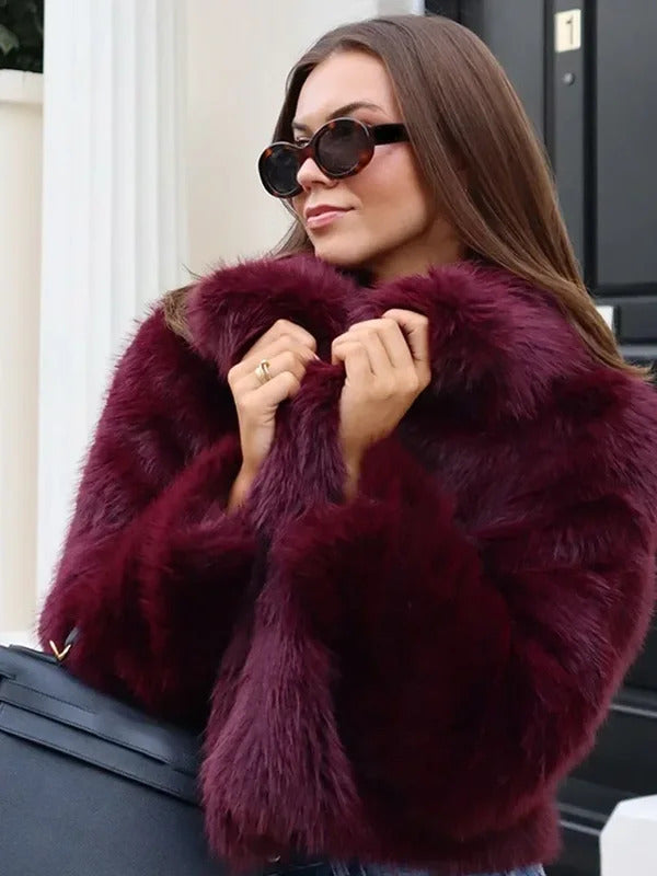 Wine Red Fluffy Faux Fur Short Coat Women Elegant Full Sleeve Warm Lapel Jacket New Winter Woman Commuter Outerwear 2024