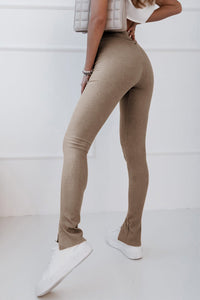 Khaki Rib Knit High Waist Slit Leggings