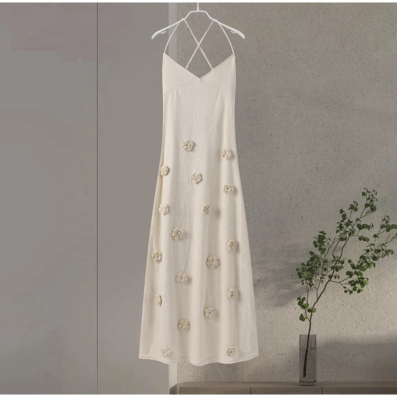 Elegant 3d Flower Knitted Dresses For Women V-neck Backless Sleeveless Lace Up Female Maxi Dress 2024 Summer Lady Beach Robe New