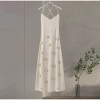 Elegant 3d Flower Knitted Dresses For Women V-neck Backless Sleeveless Lace Up Female Maxi Dress 2024 Summer Lady Beach Robe New