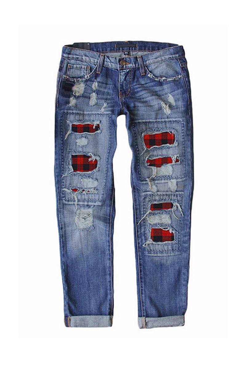 Buffalo Plaid Patches Distressed Straight Jeans