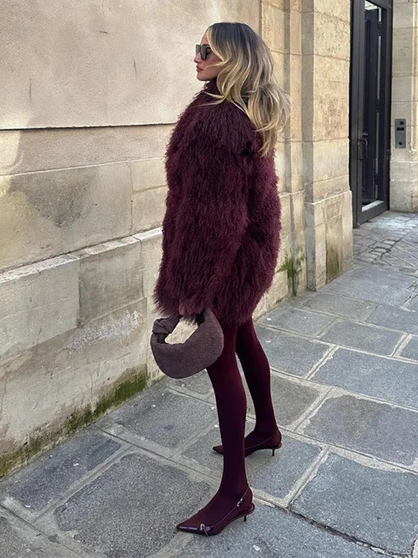 Red Smooth Hooded Fluffy Faux Fur Women Fasion Turn-down Collar Jacket Coat Winter Warm  Casual Commute High Street Outerwear