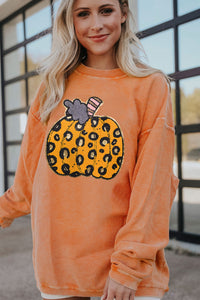 Orange Halloween Leopard Pumpkin Patchwork Ribbed Sweatshirt