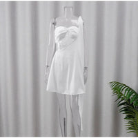 Sexy One Shoulder Lace Up Mini Dress Women Summer White Sleeveless Hollow Out Bra Dresses 2024 Pleated Shawl Beach Vestido Robes