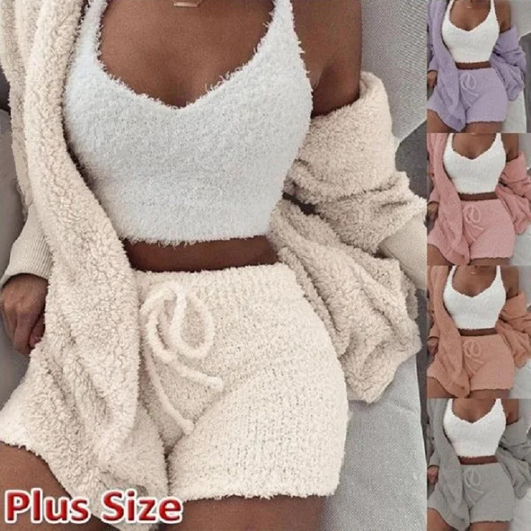 Fluffy Pajamas Set for Women Casual Sleepwear Tank Top and Shorts Plus Size Hoodie Leisure Homsuit Winter 3 Pieces Pijamas