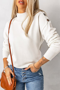 High Neck Button Shoulder Long Sleeve Sweater