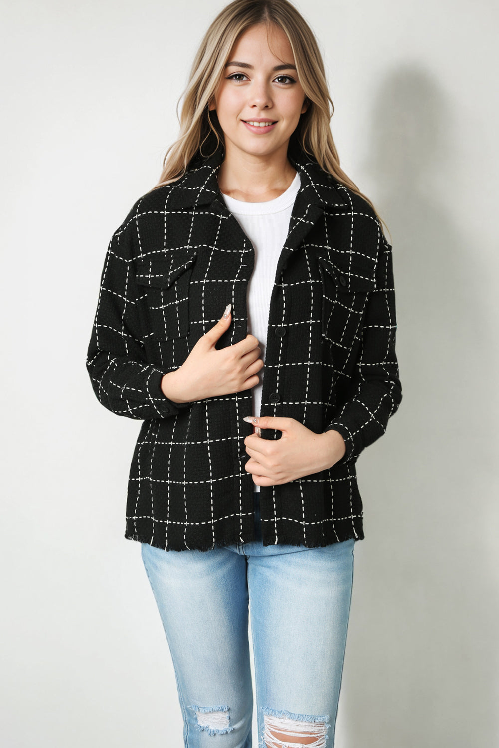 Black Contrast Lattice Textured Buttons Flap Pocket Shacket