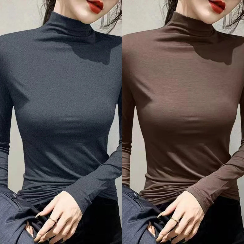 Plus Size Basic All-Match Women T-Shirt High Neck Casual Slim Fit Fleece Warm Autumn Winter Office Lady's Top Elegant Fashion