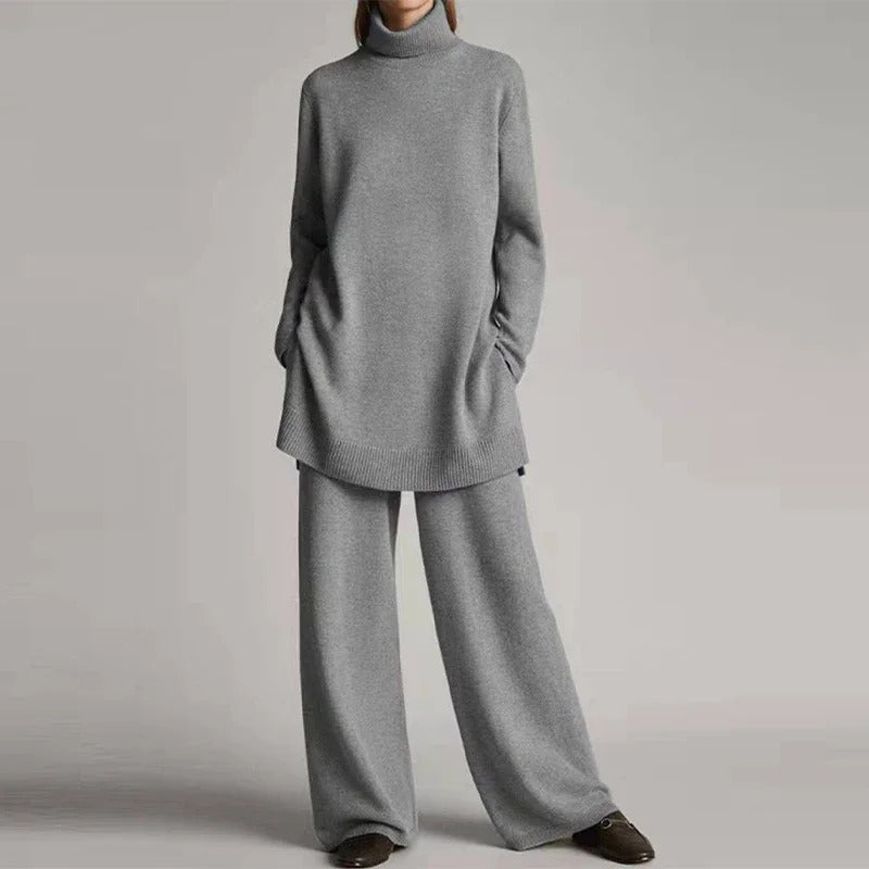 Loose Knitted Pullover Pants Set Women Casual Turtleneck Sweater Wide Legs Long Trousers 2025 Spring New Lady Solid Suits