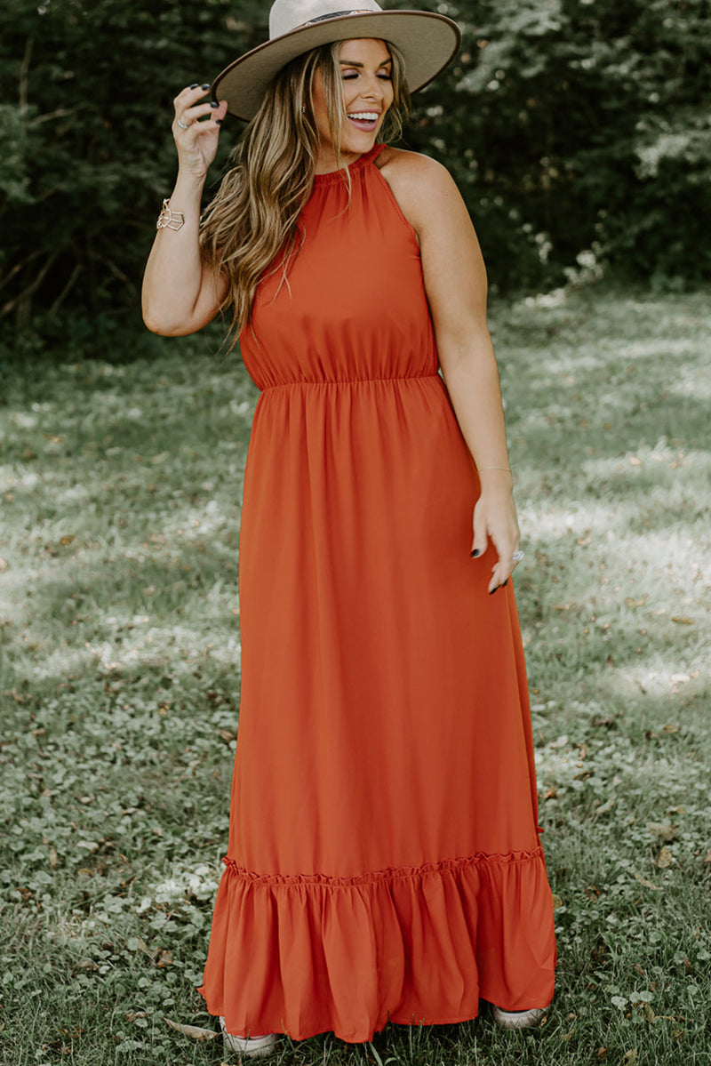 Russet Orange Plus Size Ruffled Hem Sleeveless Long Dress