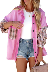 Black Plaid Patchwork Chest Pockets Oversized Shirt Jacket