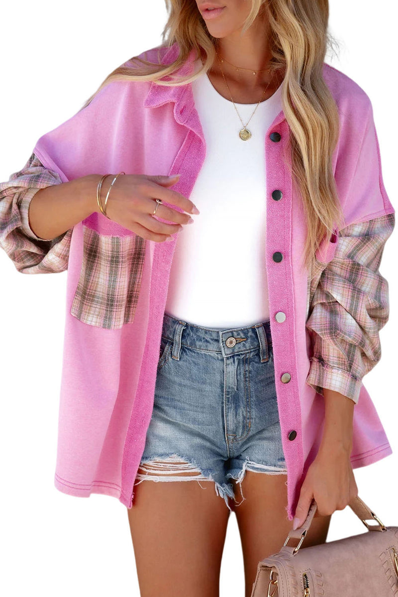 Black Plaid Patchwork Chest Pockets Oversized Shirt Jacket