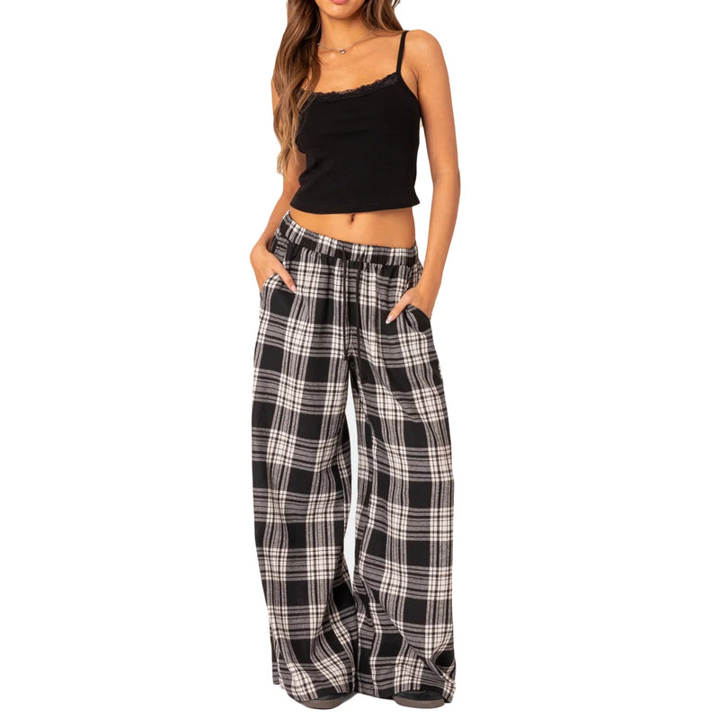 Women Y2k Oversize Pants Lounge Bottoms Fashion Plaid Casual Pants Elastic High Waist Casual Pockets Pajama Pants Homewear