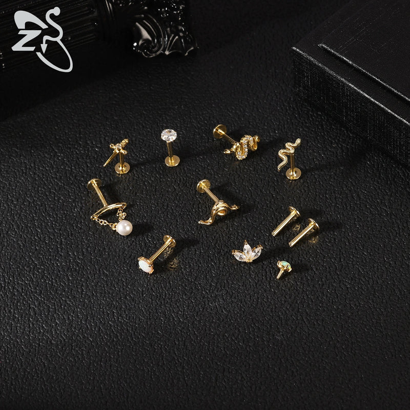 ZS 1PC 925 Sterling Silver Lip Ring Gold Color Labret Lip Stud Snake Cross Star Lip Piercing for Women Men 16G Cartilage Earring