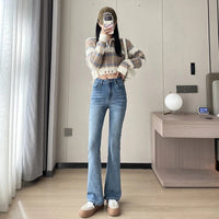 2023 Fashion New Women Warm Plush Flared Jeans Thermal Fleece Loose Denim Pants Female High Waist Urban Straight Flare Trouser