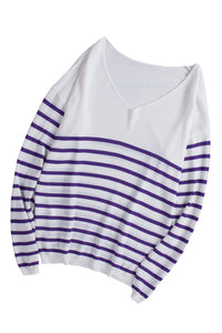 White Striped V Neck Long Sleeve Sweater