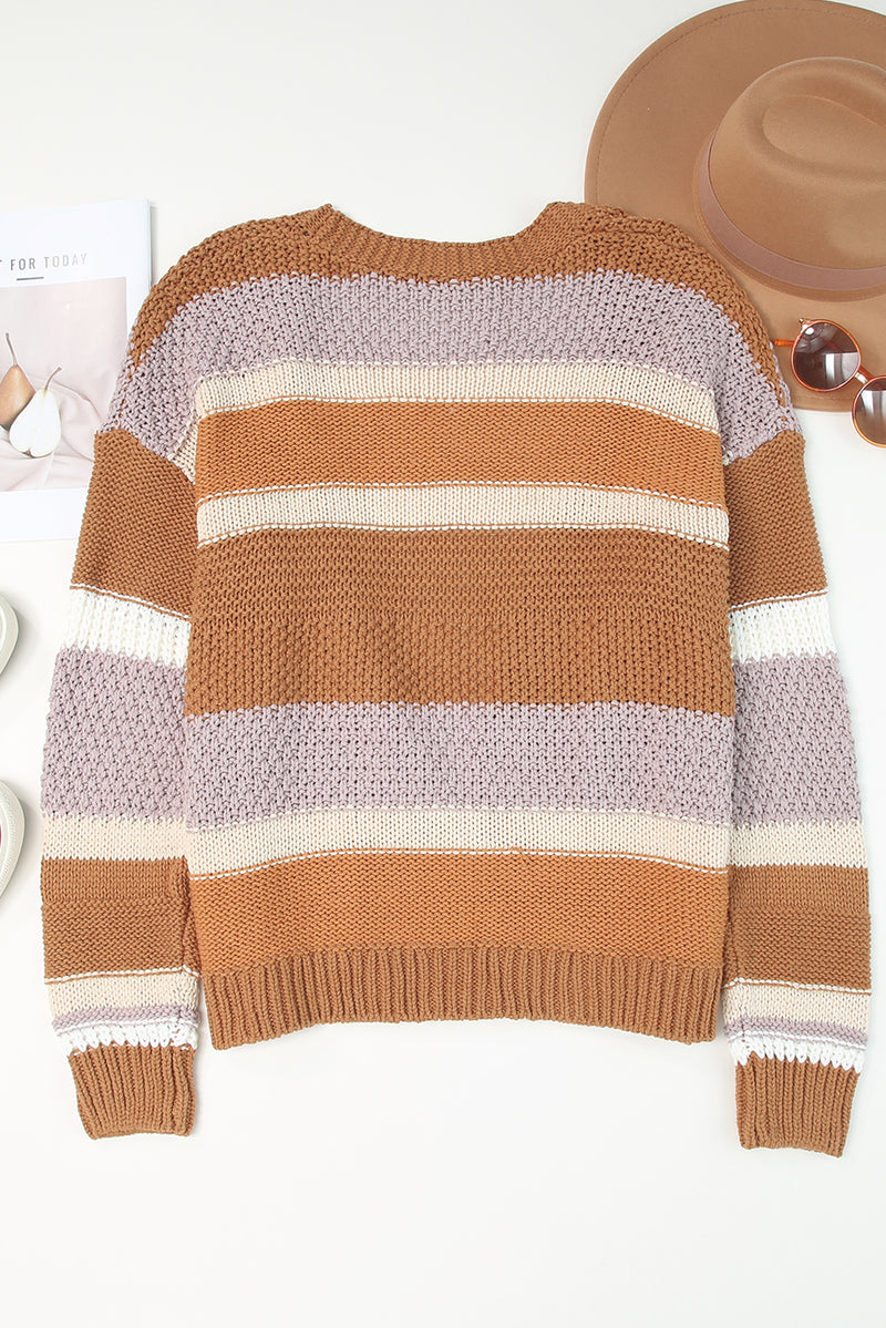 Brown Color Block Knit Drop Shoulder Open Front Sweater