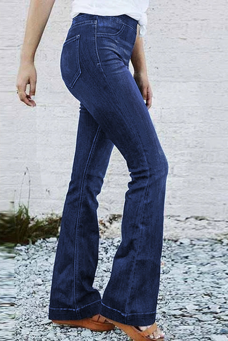 Blue High Rise Elastic Waist Flare Jeans