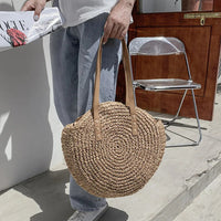 Summer Round Straw Women Vacation Woven Beach Shoulder Bag Large Capacity Hollow Out Simple Tote Bag