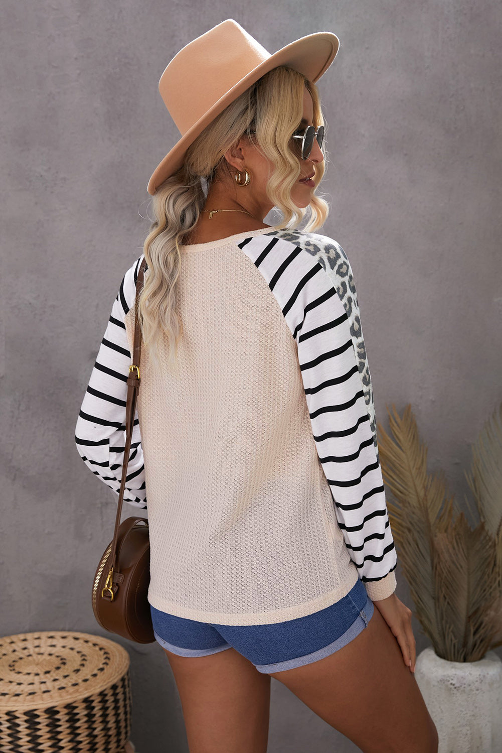 Animal Striped Sleeve Patchwork Waffle Knit Top