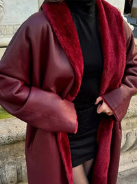 Burgundy Reversible Warm Faux Fur Leather Long Coat Elegant Women Belted Lapel Full Sleeve Overcoat 2024 Lady Thick Streetwear ﻿