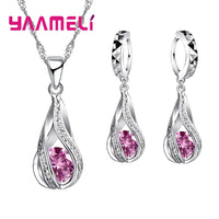 Hot Water Drop CZ 925 Sterling Silver Plated Jewelry Set For Women Pendant Necklace Hoop Earrings Wedding Party Ceremoey Anel