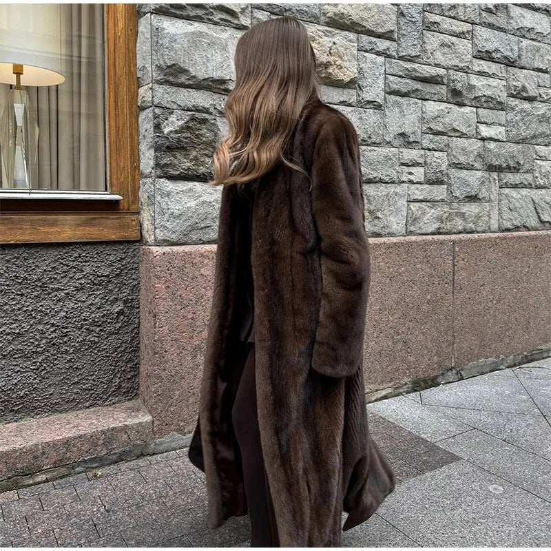 Dark Brown Faux Fur Long Overcoat For Women Fashion Lapel Single Breasted Loose Fluffy Plush Warm Coat Winter Thicken Outerwear