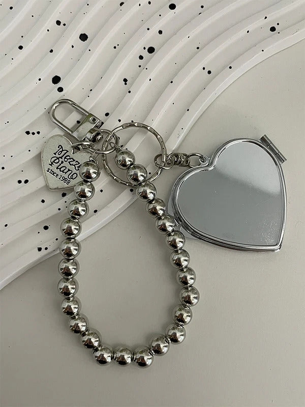 Metal Key Chain with Heart Shaped Mirror y2k Style Bag Pendant Sweet Cool Trendy Fashion Pendant