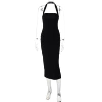 Hugcitar 2024 Elegant Halter Black Backless Sexy Bodycon Maxi Prom Dress Summer Women Y2K Clothes Wedding Birthday Party