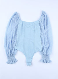 Sky Blue Solid Swiss Dot Ribbed Puff Sleeve Bodysuit