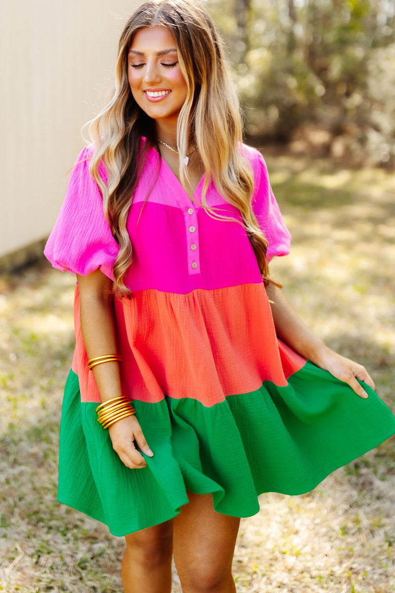 Women's Color Block Tiered Puff Sleeve Dress