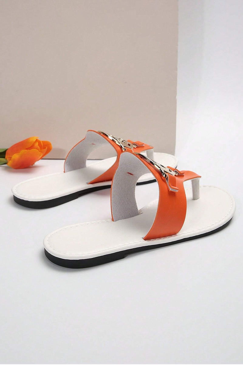 Grapefruit Orange Metal Décor Leather Thong Slippers