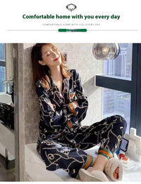 Women Plus Size Pajamas Silk Long Sleeve School Loungewear Two-Piece Fashion Webbing Chain Pattern Trouser Set Sexy Sleepwear