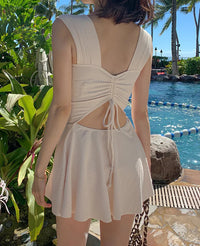 2024 Beige One Piece Swimsuit Women Swimwear Sexy Padded Swimming Suit Monokini Bandeau Dress Bodysuit Beach Bathing Suit Korean