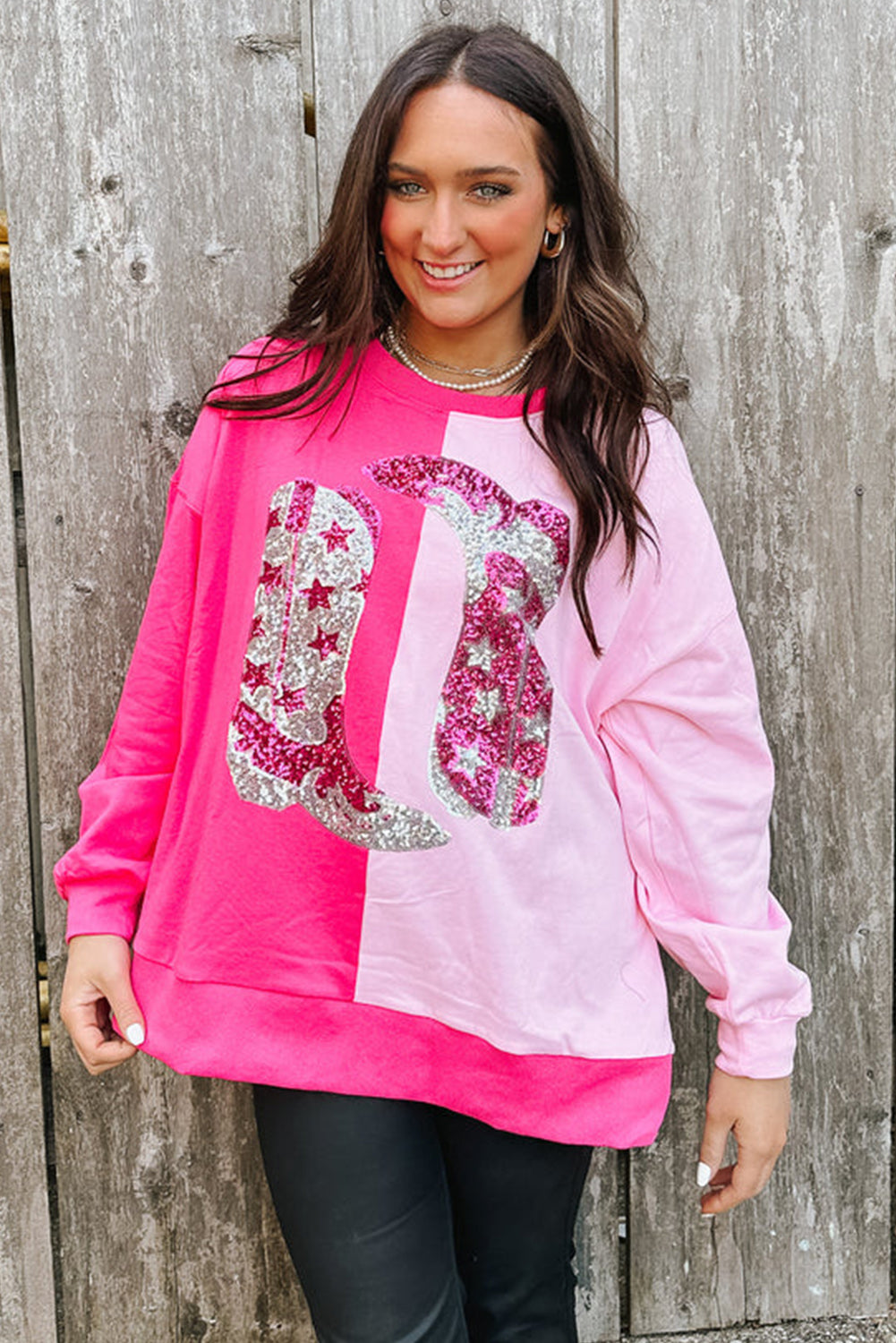 Pink Color Block Sequined Cowgirl Boots Graphic Sweatshirt