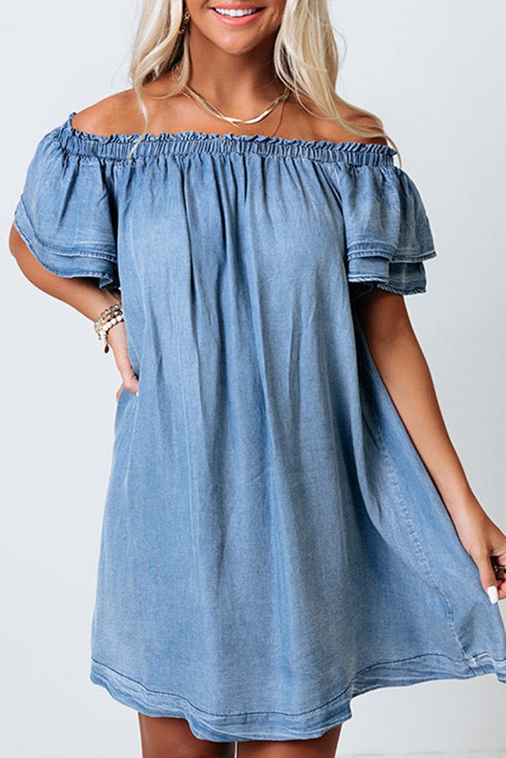 Women's Off-shoulder Ruffle Sleeves Chambray Dress