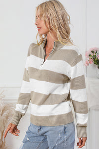 Stripe Zipped Collar Ribbed Edge Sweater