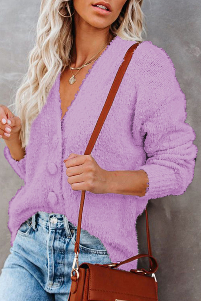 Purple V Neck Buttoned Open Front Sweater