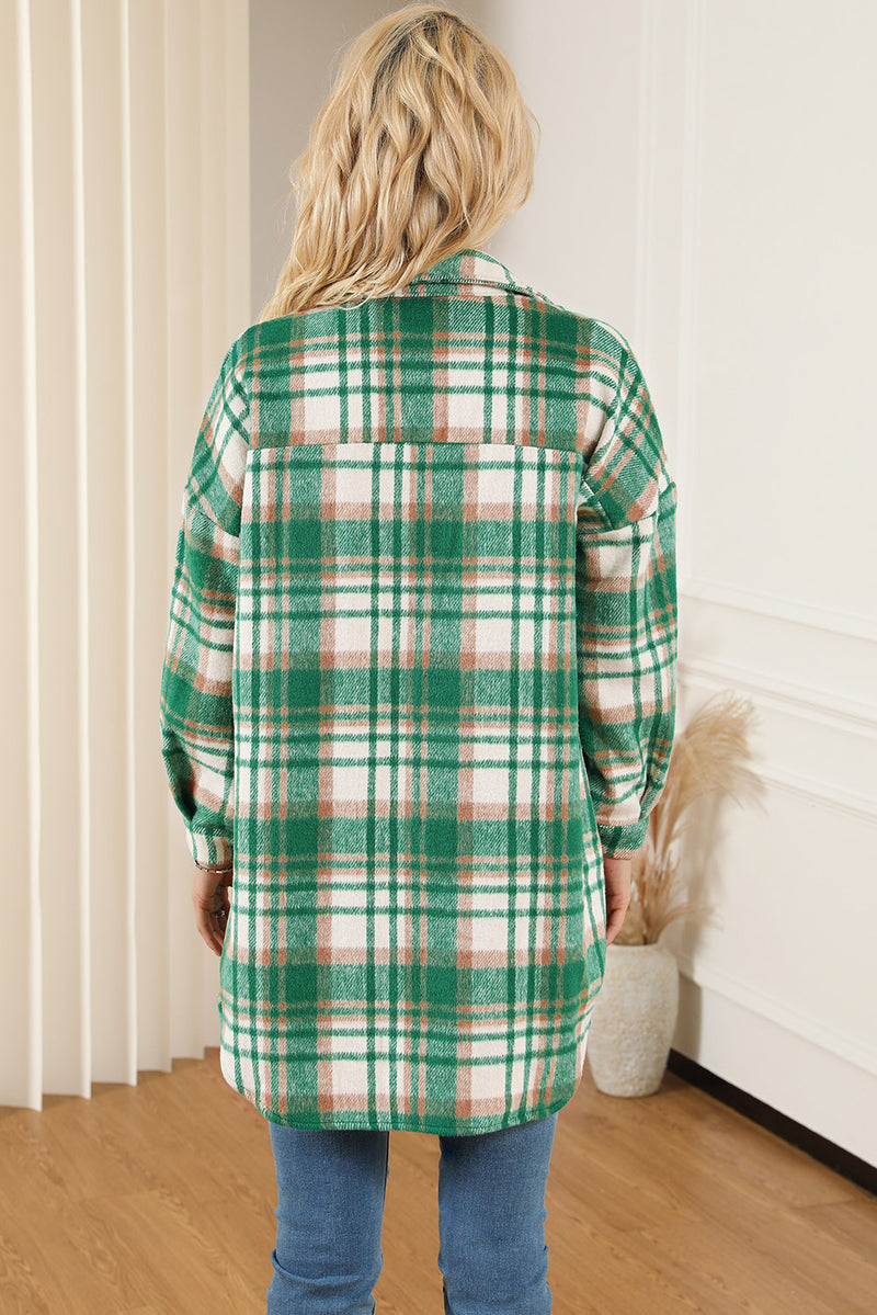 Green Plaid Flap Pocket Long Sleeve Shacket