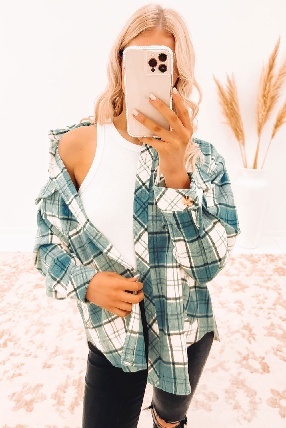 Green Plaid Pattern Flap Pockets Shirt