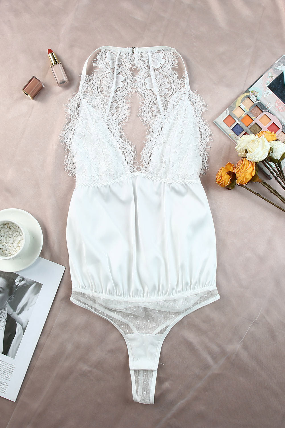 White Lace Crochet Open Back Sleeveless Bodysuit