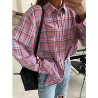 Clacive Fashion Baggy Plaid Women'S Blouse Elegant Lapel Long Sleeve Shirts And Blouses Vintage Pocket Lace-Up Top Female