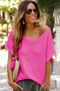 Pink Solid Loose Knit Short Dolman Sleeve Sweater