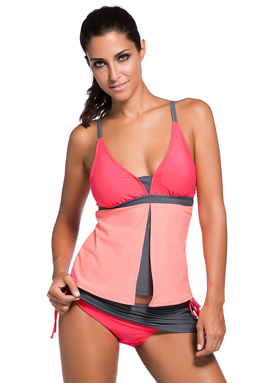 Orange Pink Colorblock Tankini Skort Bottom Swimsuit