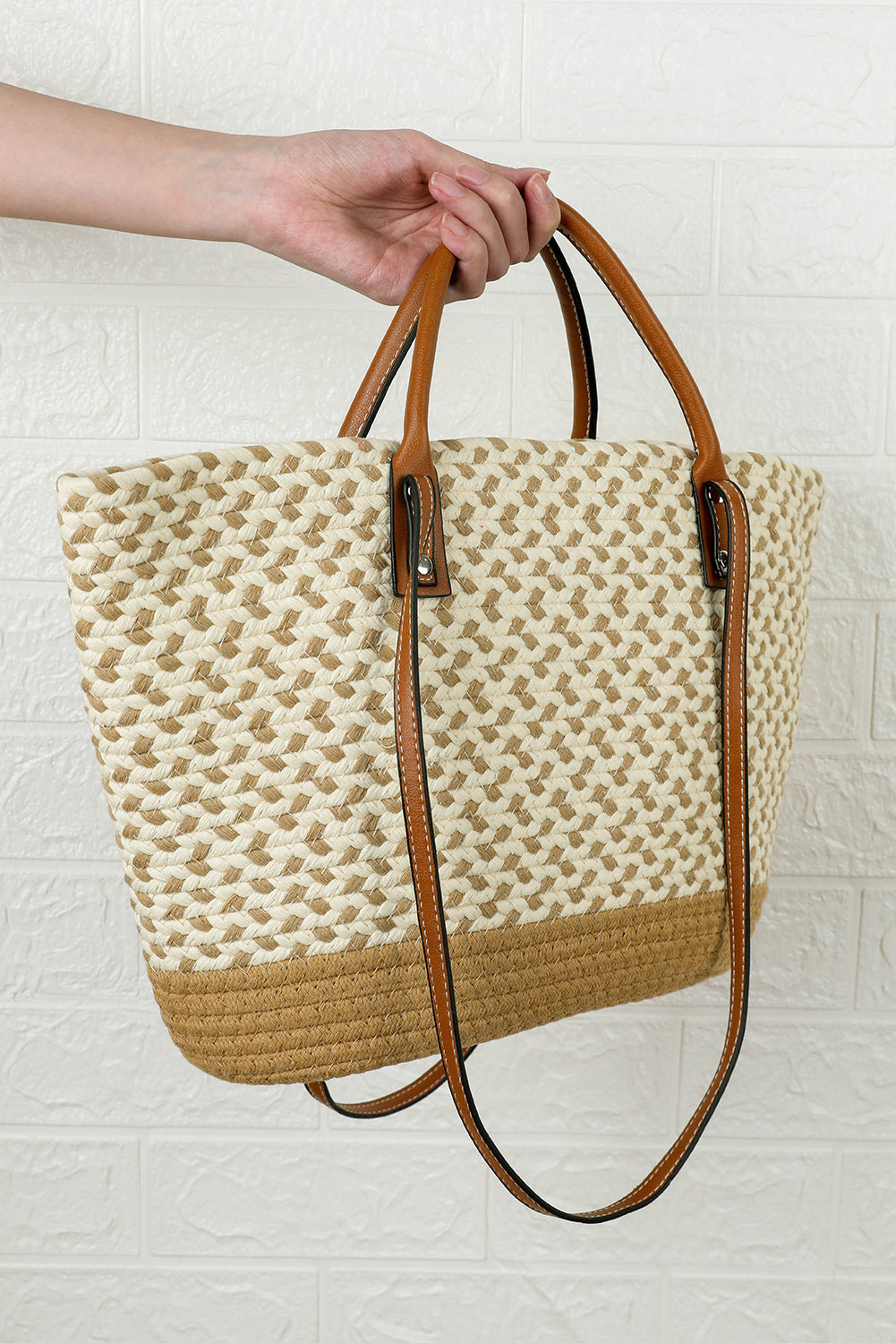 Beige Contrast Woven Leather Handle Single Shoulder Bag