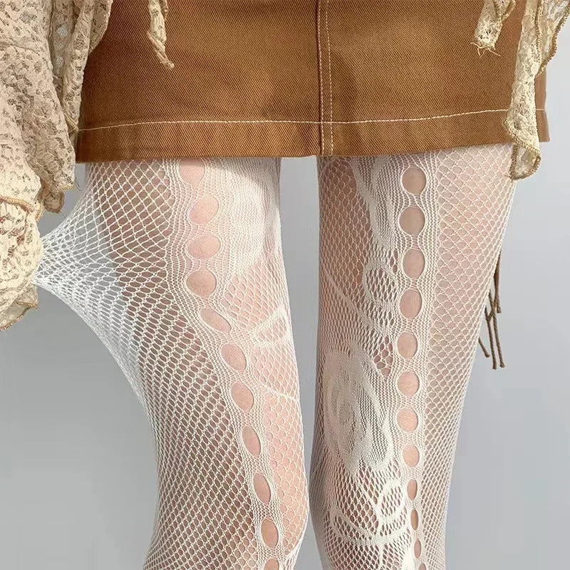 Y2K Floral Jacquard Sexy Stockings Women Gothic Punk Black Fishnet Pantyhose Harajuku Lolita Irregular Rose Holes Mesh Tights